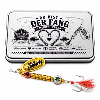 Anglergeschenk Set „Du bist der Fang meines Lebens“ Angelköder Geschenkbox mit Gravur – Glücksfish Geschenk für Angler