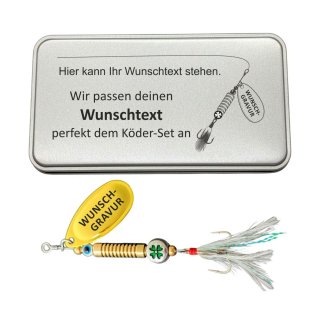 Anglergeschenk Set Metallbox mit Glücks Spinner "Wunschgravur"